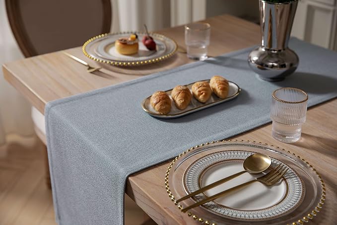 Burlap Style Farmhouse Table Runner, 14x36 Inches Light Dusty Blue | Thick - Image 4
