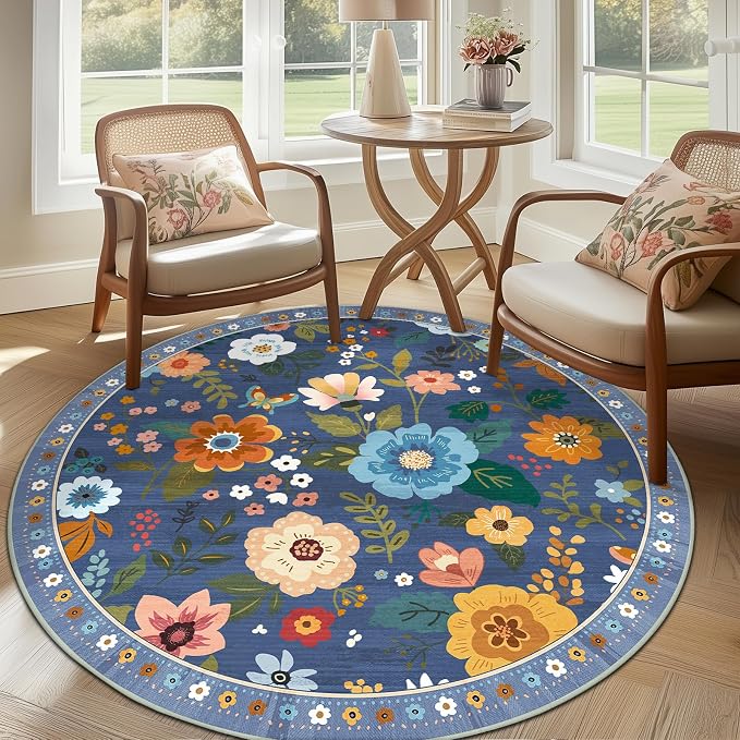 RELEANY Floral 6ft Area Rugs Washable Print Boho Cute Carpet Non Slip Flower by RELEANY