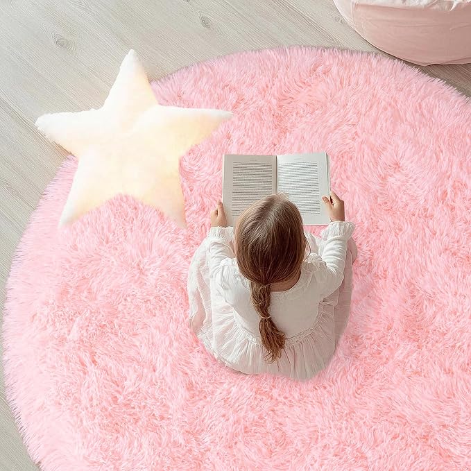 Round Fluffy Pink Rug for Bedroom, 5Ft Fuzzy Shag Circle Area Rug for Girls - Image 4
