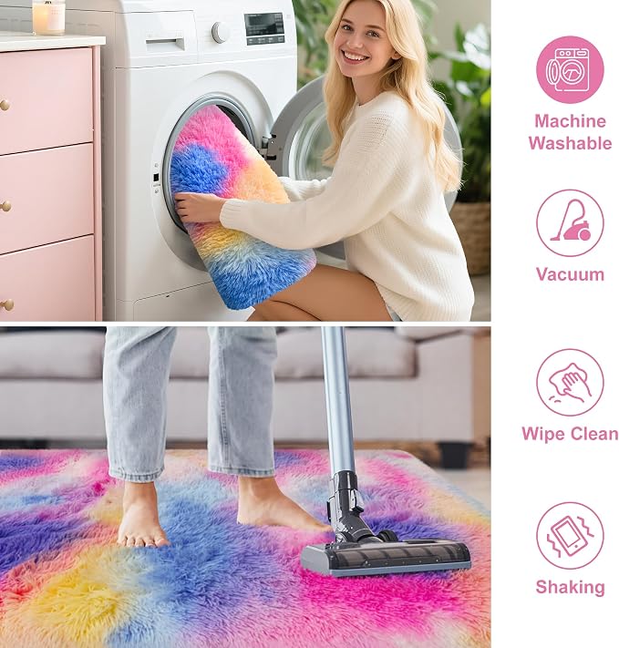 2x3 ft Small Throw Rugs Furry, Non Slip Mini Area Rug, Fluffy Tie-Dyed Rainbow - Image 6