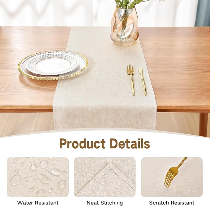 Faux Linen Table Runner Water Resistant 13 x 72 in, Neutral | Farmhouse Rustic - Image 3