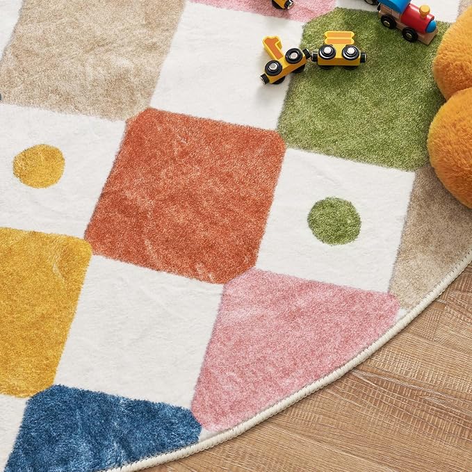 jinchan Macy 5ft Round Rug for Kids Room Modern Colorful Checkered Diamond - Image 9