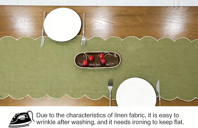 100% Natural Linen Rustic Scalloped Embroidery Table Runner 72 Inches Long - Image 3