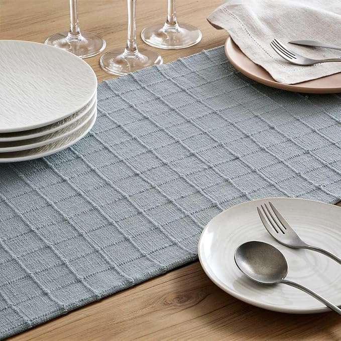 Artisanal Grid Linen Table Runner, 13x60 Inches Chambray | Heavy Textured - Image 6