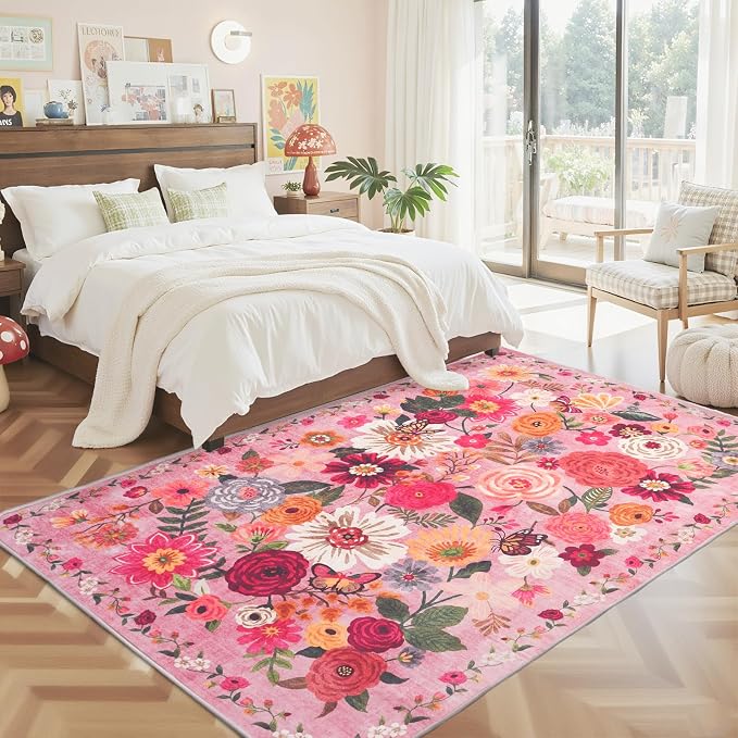 Pink Floral Bedroom Rug 4x6, Non-Slip Washable Rugs - Image 5