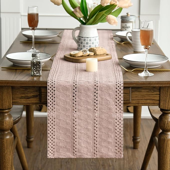 Artoid Mode Pink Woven Farmhouse Hollow Table Runner 12x108 Inch | Holiday - Image 3