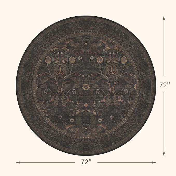 Brown Floral 6ft Round Rug for Living Room Kitchen Dining Room Under Table - Image 2