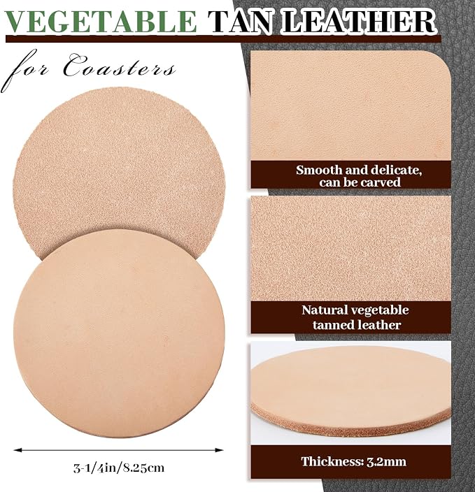 Bulyoou 100 Pcs Round Vegetable Tan Leather Coaster 3-1/4" Circular Tooling | - Image 2