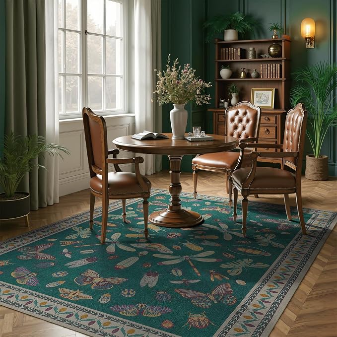 DCX 8x10 Washable Insect Rug, Vintage Gothic Deep Teal Rug - Image 3