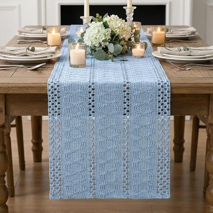 Artoid Mode Sky Blue Woven Farmhouse Hollow Table Runner 12x36 Inch | Holiday - Image 3