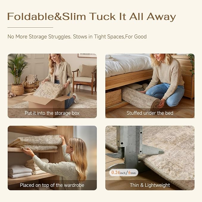 2x6 Washable Neutral Runner Rug Beige Vintage Hallway Kitchen Carpet Non-Slip - Image 7