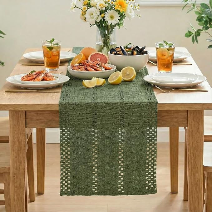 Artoid Mode Army Green Woven Farmhouse Hollow Table Runner 12x48 Inch | Holiday - Image 3