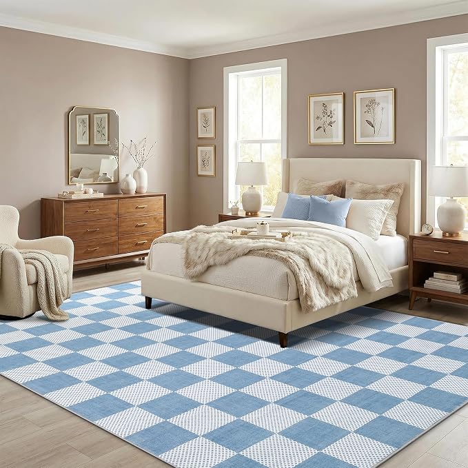 GarveeHome Checkered Light Blue and White 5x7 Washable Rug Geometric Diamond - Image 3