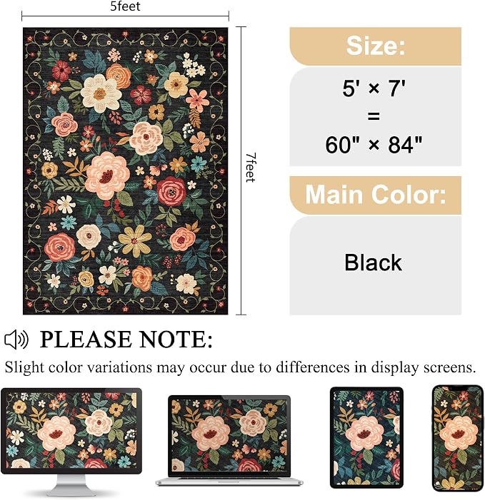DUKINO 5x7 Area Rug, Floral Design, Lightweight Non Slip Washable, Indoor Low - Image 2