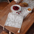 Embroidered Table Runner Boho Farmhouse Dresser Scarf, 4 Tassel Pendants by ARTBLOSS