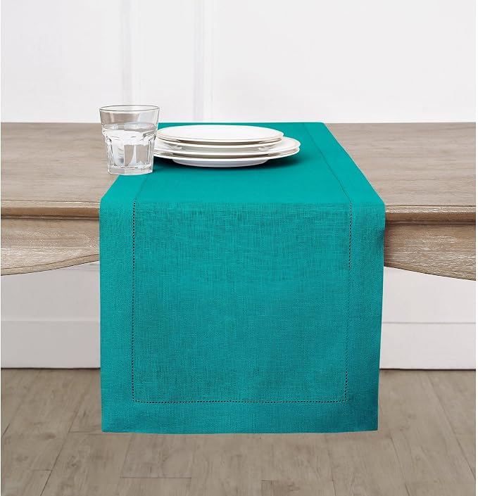 Solino Home 100% Pure Linen Dining Table Runner Teal Hemstitch, 14 x 156 in | by SolinoHome
