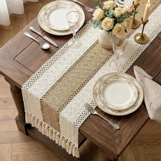 Burlap Boho Table Runner Macrame Brown 48in Farmhouse Woven Runner | Burlap - Image 2