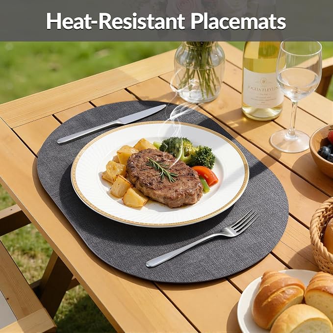 Placemats Set of 6, 11.8 x 17 Inch, Dark Grey | Heat Resistant Oval Faux - Image 4