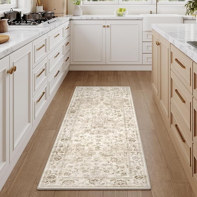 2x5 Washable Neutral Runner Rug Beige Vintage Hallway Kitchen Carpet Non-Slip - Image 2