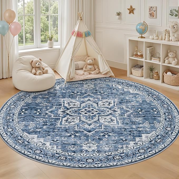 Round Area Rug for Living Room: 6ft Washable Vintage Boho Soft Thin Circle Rug - Image 5