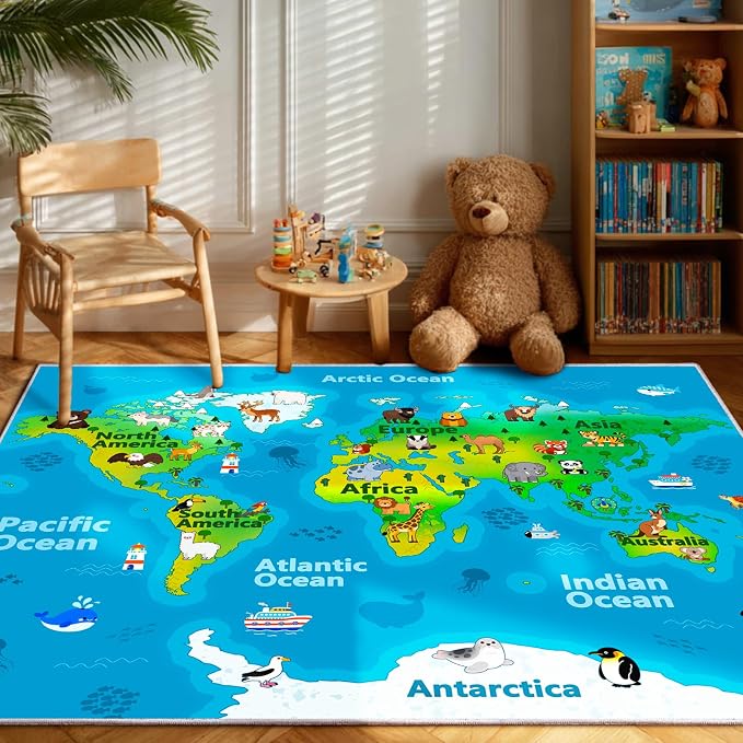 Kids Playroom Rug, 8x10ft World Map Play Mat - Image 6
