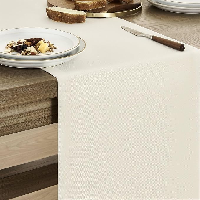 Basic Linen Style Table Runner, 14x48 Inch Ivory | Mitered Corner Design - Image 4