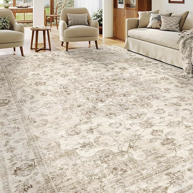 8x10 Washable Neutral Area Rug Beige Vintage Living Room Bedroom Carpet - Image 3
