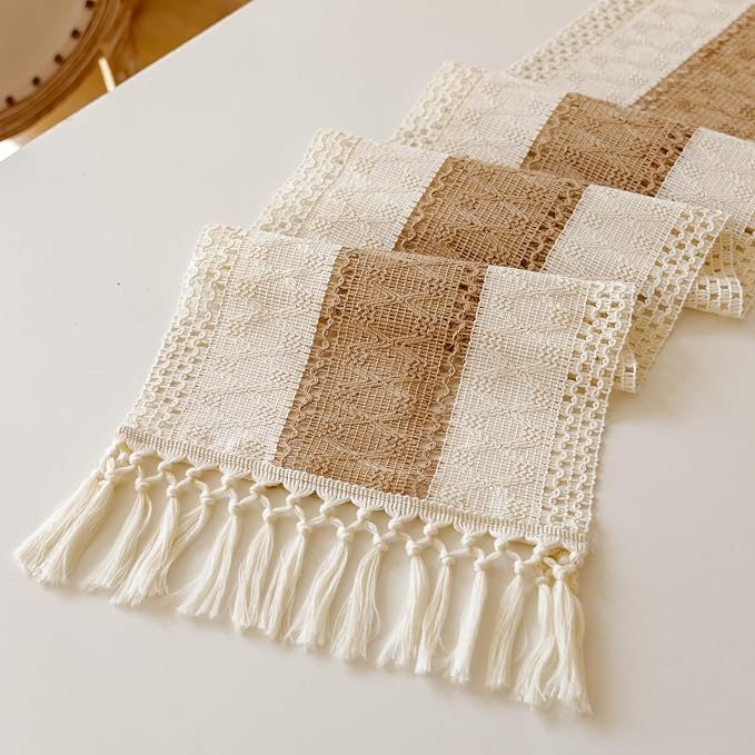 EMMTEEY Boho Table Runner with Tassels 108 Inches Long, Cream Brown | Handmade - Image 6