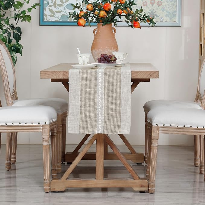 NEWISHER Farmhouse Braided Striped Embroidery Table Runner 90 inches, Rustic - Image 8