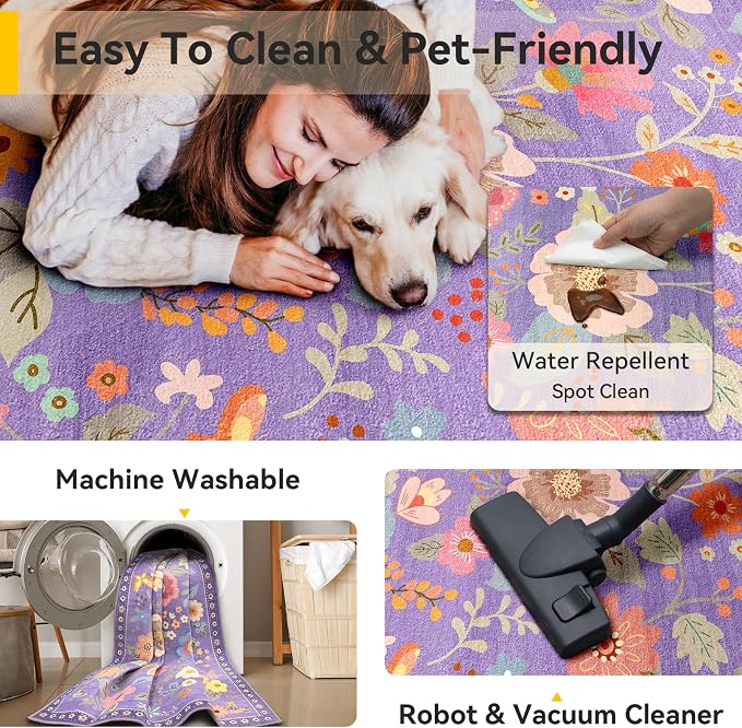 RELEANY Floral Square 4ft Area Rugs Washable Print Boho Cute Carpet Non Slip - Image 4