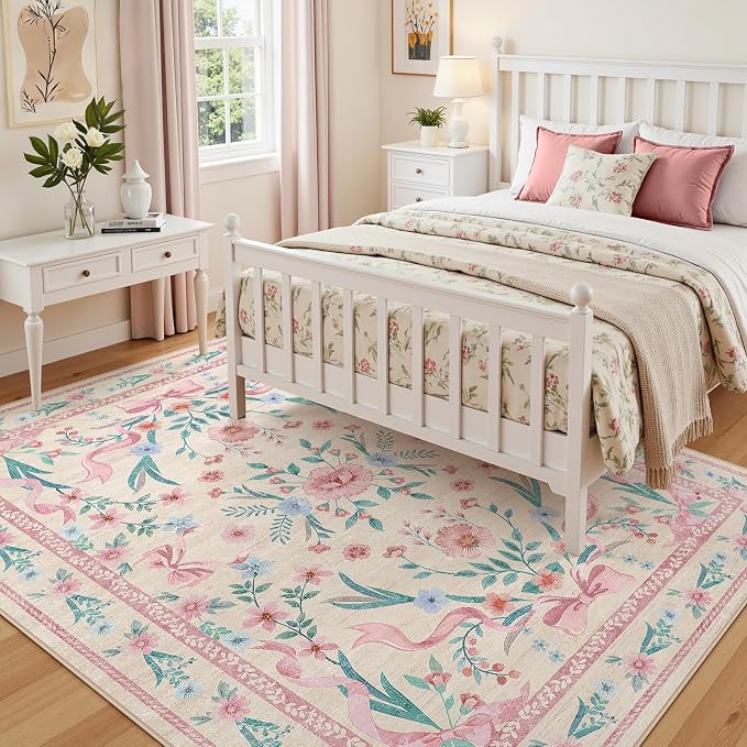 Coquette Pink Bow Rug 5x7, Washable Floral Area Rug - Image 4