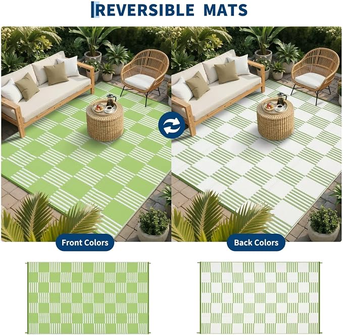 Garvee Waterproof Outdoor Rug 9x12, Checkered Foldable Plastic Straw Patio - Image 3