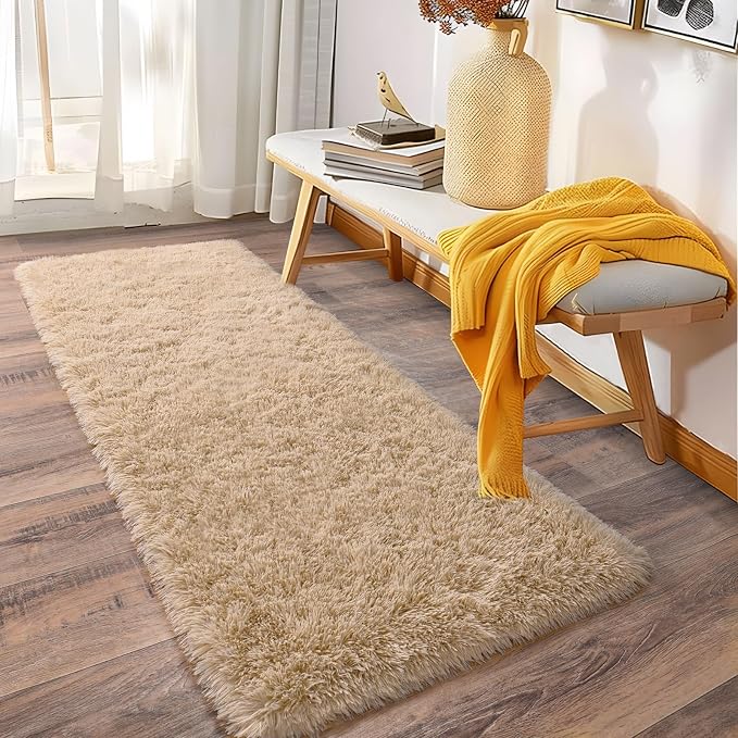 Fluffy Shag Runner Rugs for Bedroom Hallways, 2x8 Beige Long Soft Throw Area - Image 2