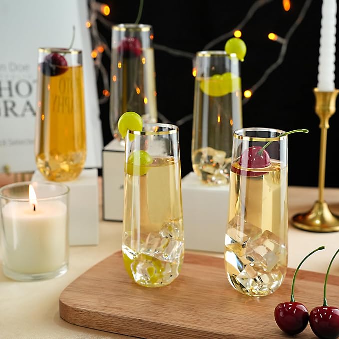 Bestluck 24 Pack 9 oz Stemless Plastic Champagne Flutes Gold Rim | Clear - Image 4