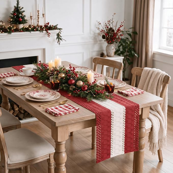 Artoid Mode Rose Red Farmhouse Woven Table Runner 12x48 Inch | Holiday Rustic - Image 6