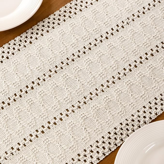 Ivory Boho Table Runner Farmhouse Macrame Woven Table Runner 12x72 Inch | Small - Image 6