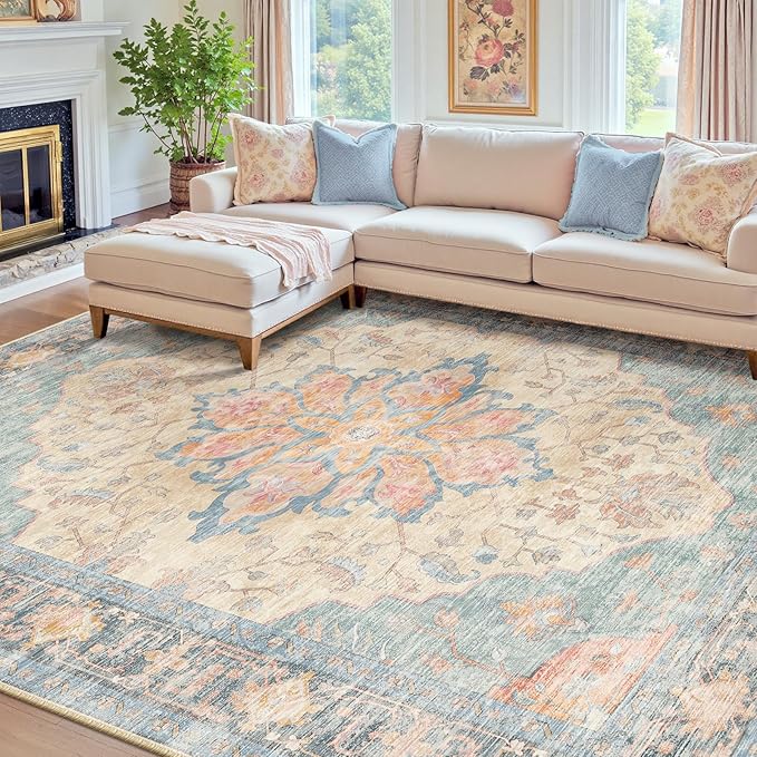 RELEANY Area Rugs 7'x10' Washable Non-Slip, Floral Vintage Distress Medallion by RELEANY