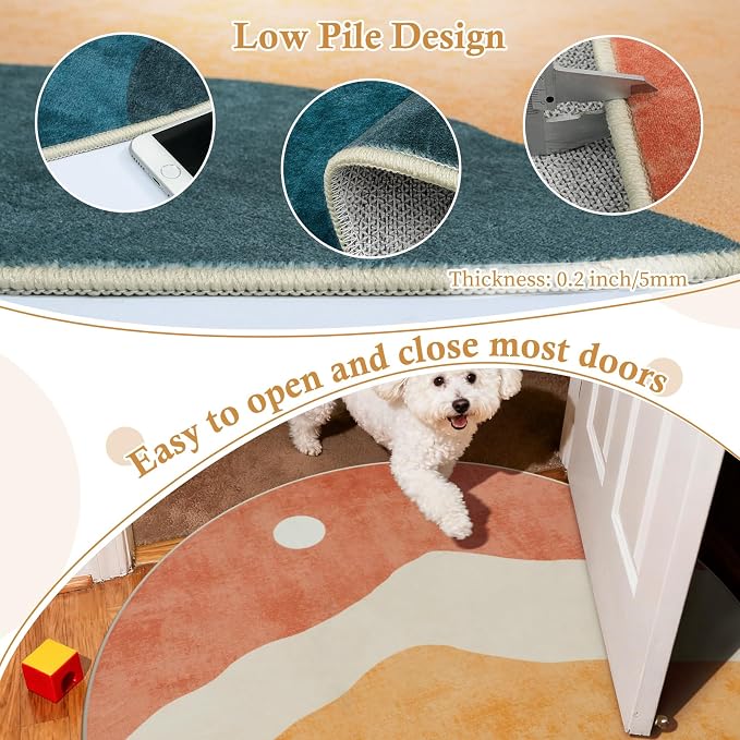 Abstract Round Rug 3ft, Faux Wool Soft Throw Area Rugs, Washable Farmhouse - Image 3