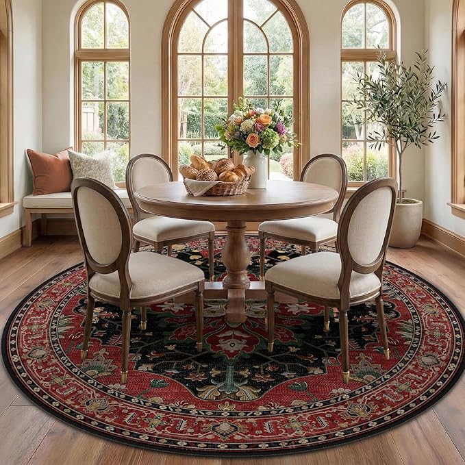 RELEANY Area Rugs Round 7ft Washable Non-Slip, Floral Vintage Distress by RELEANY