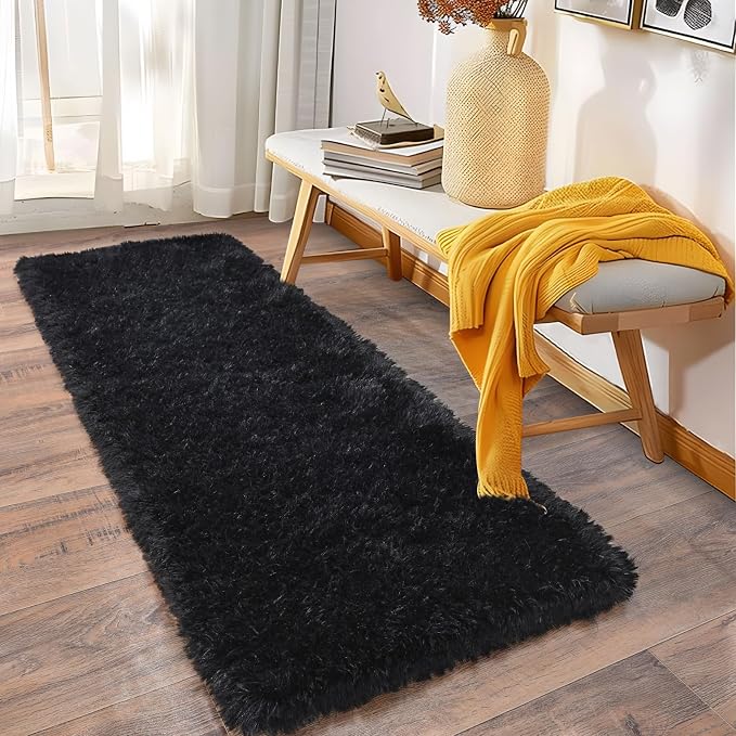 Fluffy Shag Runner Rugs for Bedroom Hallways, 2x8 Black Long Soft Throw Area - Image 2