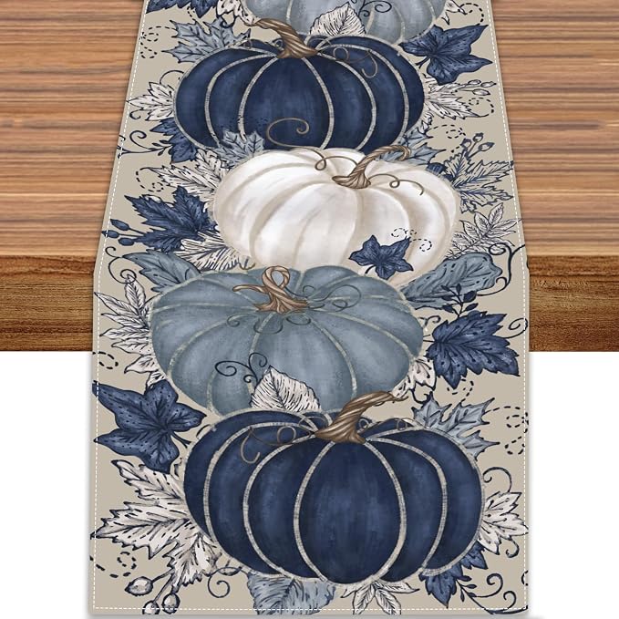 Fall Thanksgiving Table Runner Blue Vintage Pumpkin Decorative 13x90 inches | by Unknown