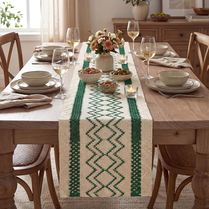 Artoid Mode Forest Green Stripe Diamond Woven Table Runner 12x36 Inch | Holiday - Image 2