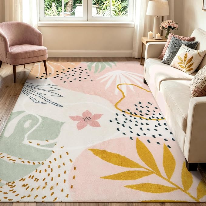 Lahome Pink Boho Bedroom Rug 5x7, Washable Non Slip Soft Botanical Area Rug - Image 8