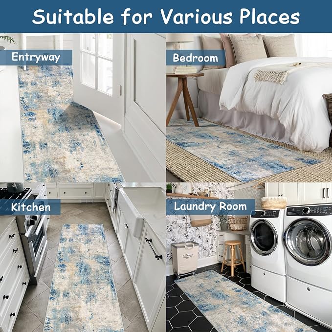 Lahome Modern Abstract Blue Bathroom Rug, 2x6 Washable Long Hallway Rug Soft - Image 7