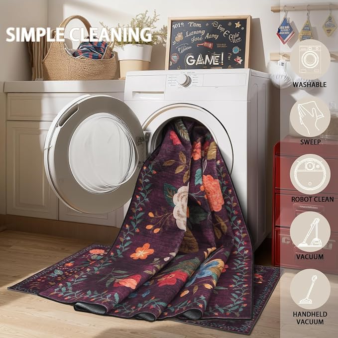 Washable Area Rug 8x10, Large Soft Floral Purple Carpet - Image 6