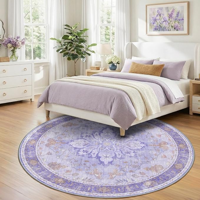 RELEANY Area Rugs Round 8ft Washable Non-Slip, Floral Vintage Distress - Image 3