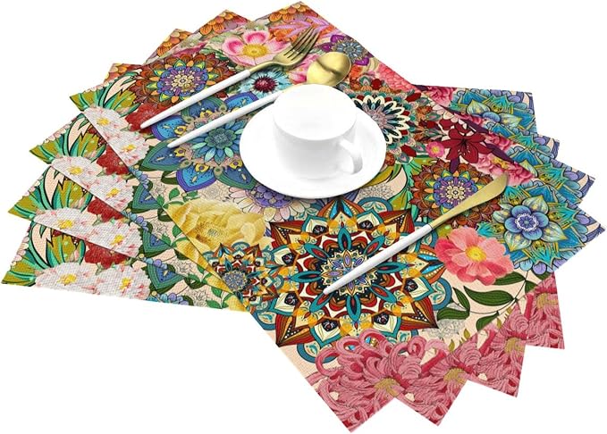 Boho Floral Placemats Set of 4, Colorful Dining Table Mats 12"x18" | Flowers - Image 3