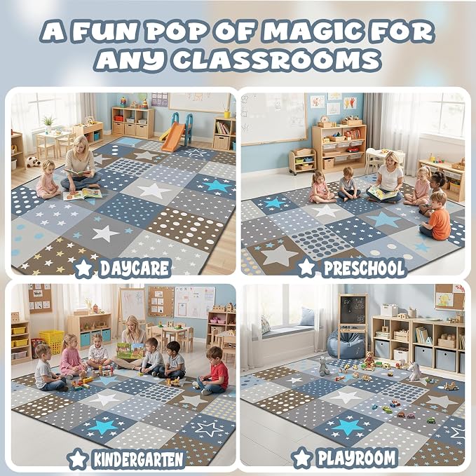 Preschool Classroom Rug 5x7, Star Print Low Pile Kids Area Rug - Image 4