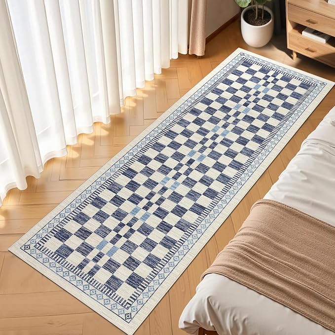 GarveeHome 2x8 Runner Rug for Kitchen Bathroom Modern Blue Checkered Long Rug - Image 8