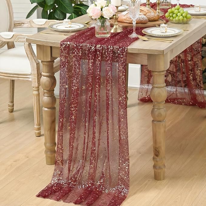 Artoid Mode 3PC Burgundy Gold Gauze Table Runner 120 Inch 10FT, Glitter - Image 7